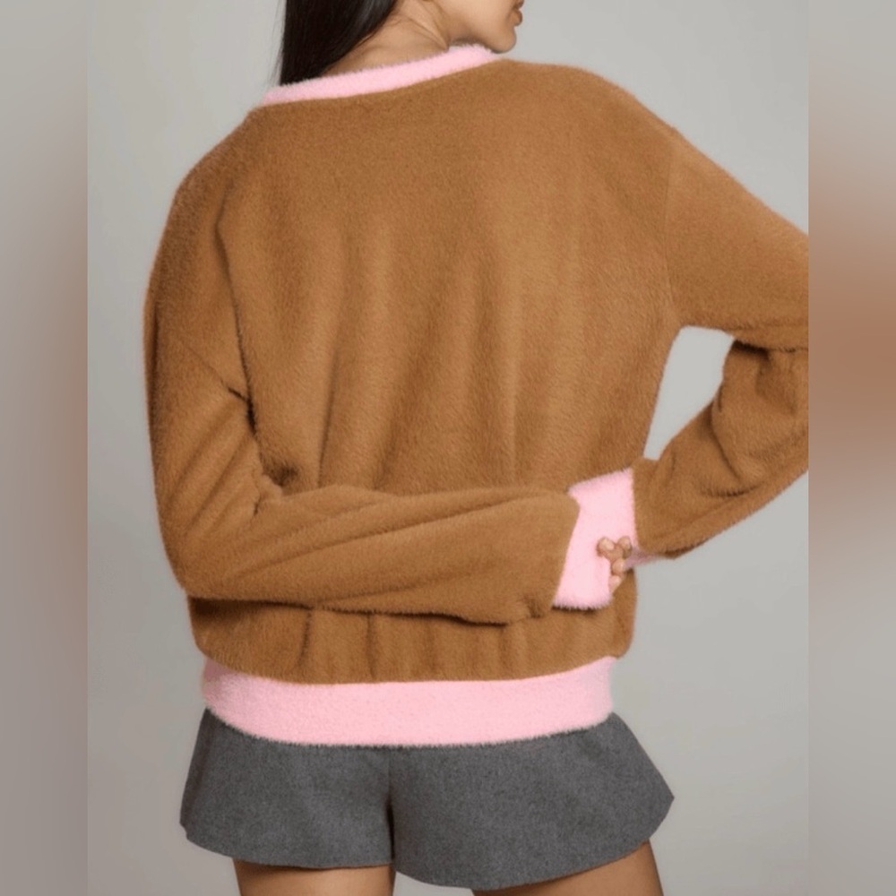 Maeve x Anthropologie Cozy Ringer Brown Pink Fuzzy Oversized Sweater Small - Picture 3 of 8